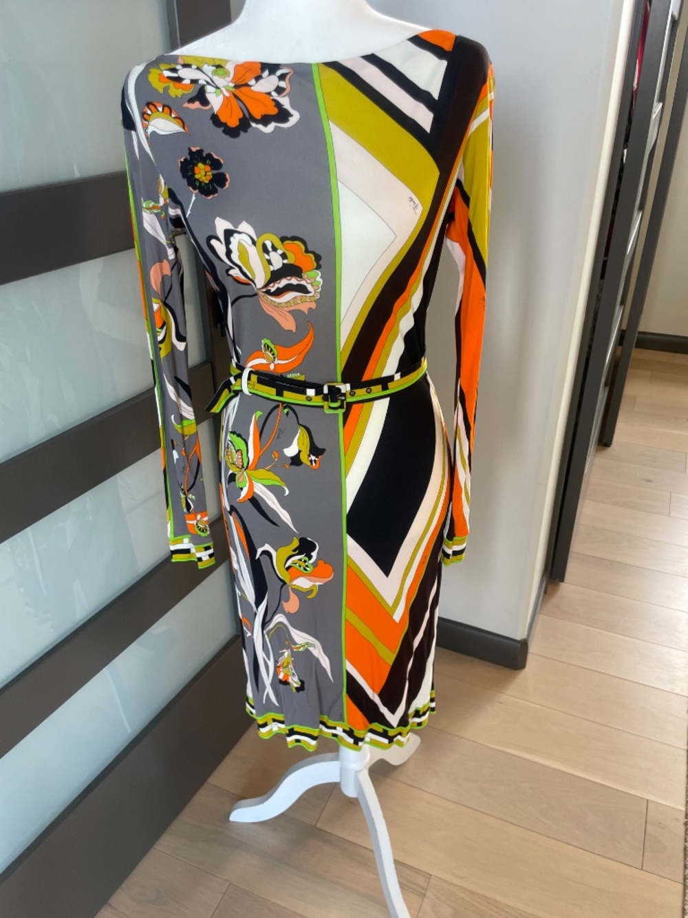 Emilio Pucci Split Floral and Geometric Pattern Long Sleeve Jersey Midi Dress